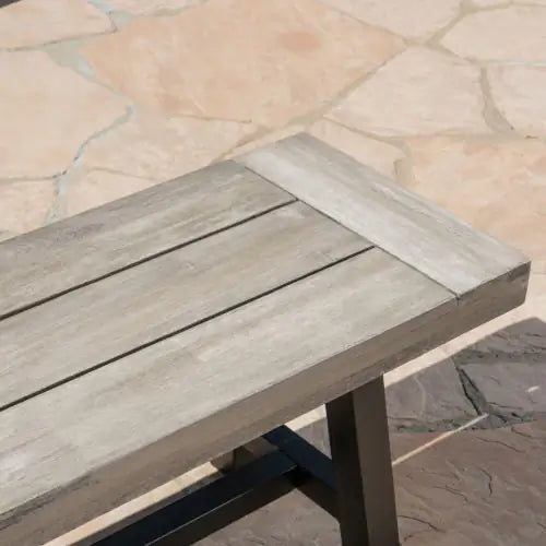 Light Grey Sandblast Finish Acacia Wood Dining Bench With Black Rustic Metal Finish Frame