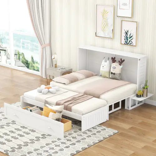 Letto matrimoniale a scomparsa con cassetto e piccoli ripiani su ogni lato