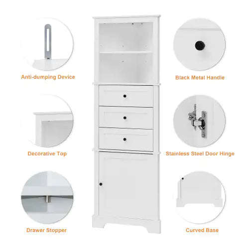 White Triangular Tall Cabinet with 3 Drawers & Adjustable Shelves