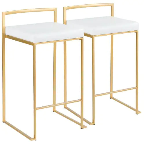 Fuji Contemporary-Glam Counter Stool – Set of 2 (Gold & White Faux Leather)