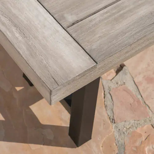 Light Grey Sandblast Finish Acacia Wood Dining Bench With Black Rustic Metal Finish Frame