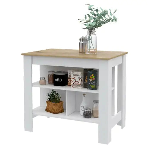 Rockaway 3-Shelf Kitchen Island Bianco e Rovere Chiaro