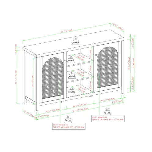 Aparador de transición de 58" con dos puertas y paneles de ratán arqueados