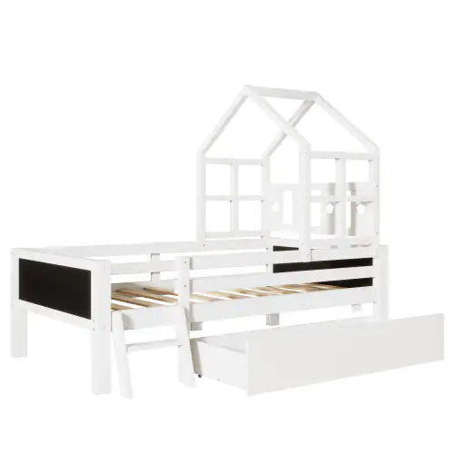 Twin Size House Bed with Ladder and Storage Drawers for Kid's Bedroom