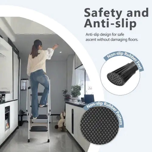 White Four-Step Ladder with Safety Handle and Anti-Skid Pedals