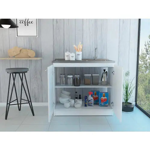 White Rectangle 2-Door Utility Sink and Cabinet