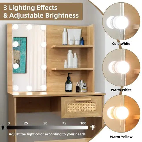 Vanity Desk Set with LED Lighting Mirror, Stool & Drawers