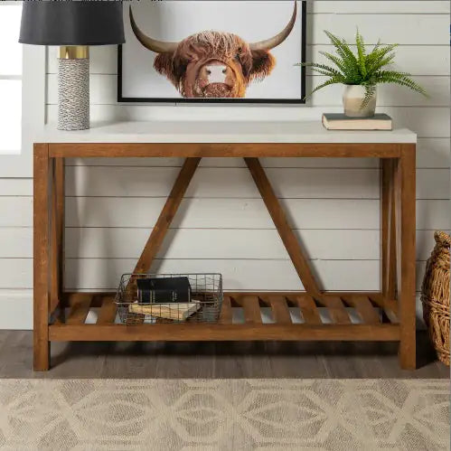 Farmhouse A-Frame Faux Marble Entry Table With Lower Shelf - Faux White Marble