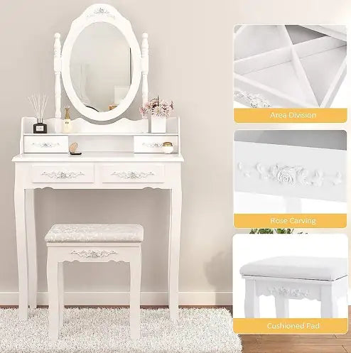 Vanity Table Set with 4 Drawers, Makeup Dressing Table with Cushioned Stool