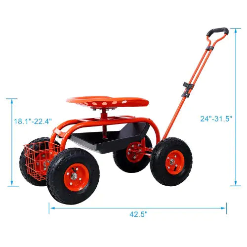 Scooter da giardino girevole con vassoio portautensili e ruote