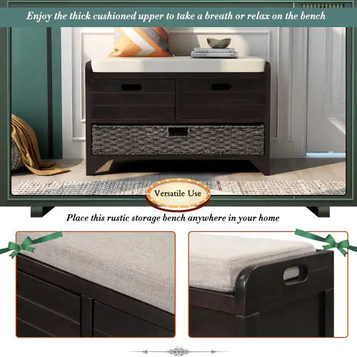 Espresso Storage Bench with Cushion & Drawers