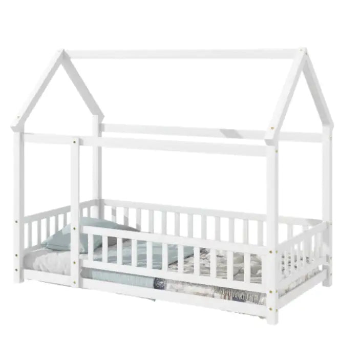 Twin Size Floor Wooden Bed with House Roof Frame & Fence Guardrails