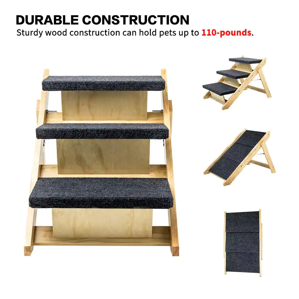 Foldable 3-Level Wooden Pet Stairs & Ramp
