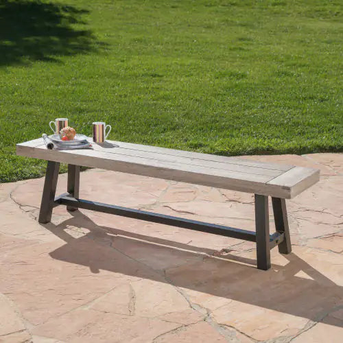 Light Grey Sandblast Finish Acacia Wood Dining Bench With Black Rustic Metal Finish Frame