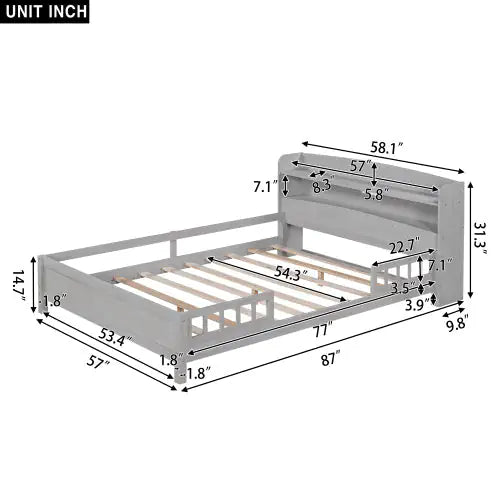 Wood Full-Size Platform Bed with Built-in LED Light, Storage Headboard, and Guardrail