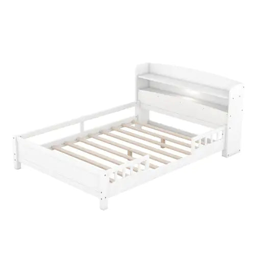 Wood Full Size Platform Bed with Built-in LED Light, Storage Headboard, and Guardrail