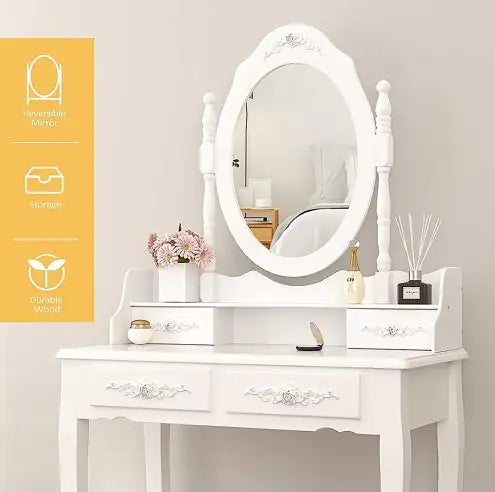 Vanity Table Set with 4 Drawers, Makeup Dressing Table with Cushioned Stool