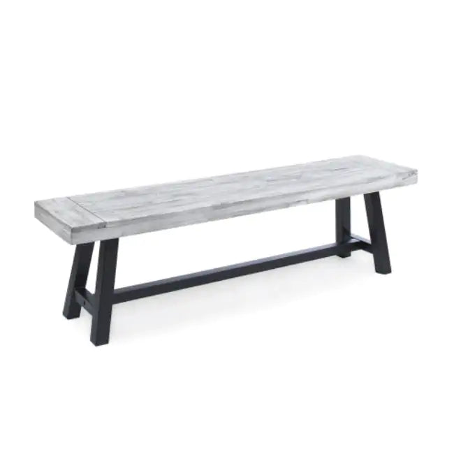 Light Grey Sandblast Finish Acacia Wood Dining Bench With Black Rustic Metal Finish Frame