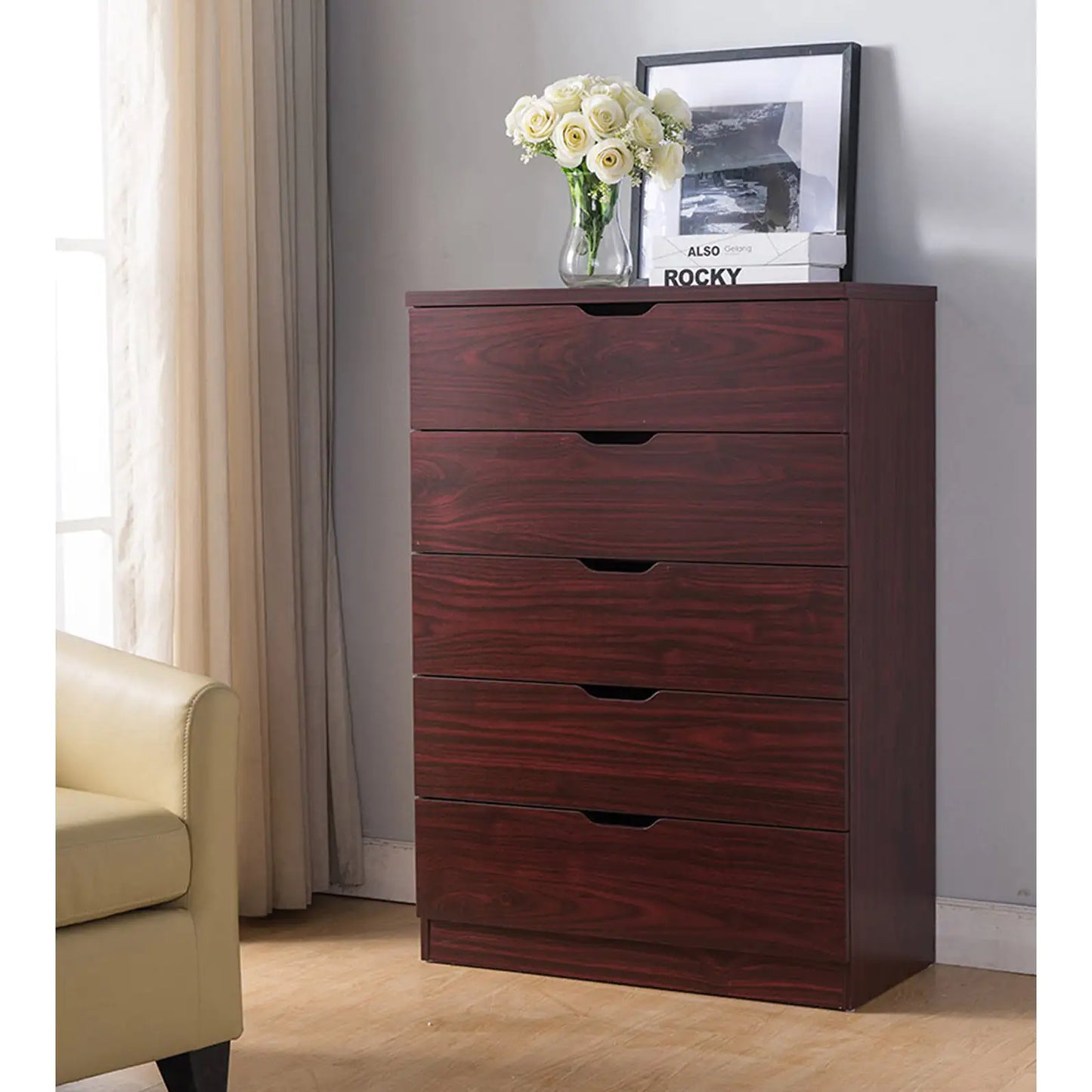 5-Drawer Bedroom Dresser, Home Chest Cabinet with Cut-Out Handles – Mahogany