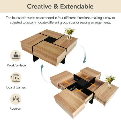 Mesa de centro de diseño único con 4 compartimentos de almacenamiento ocultos