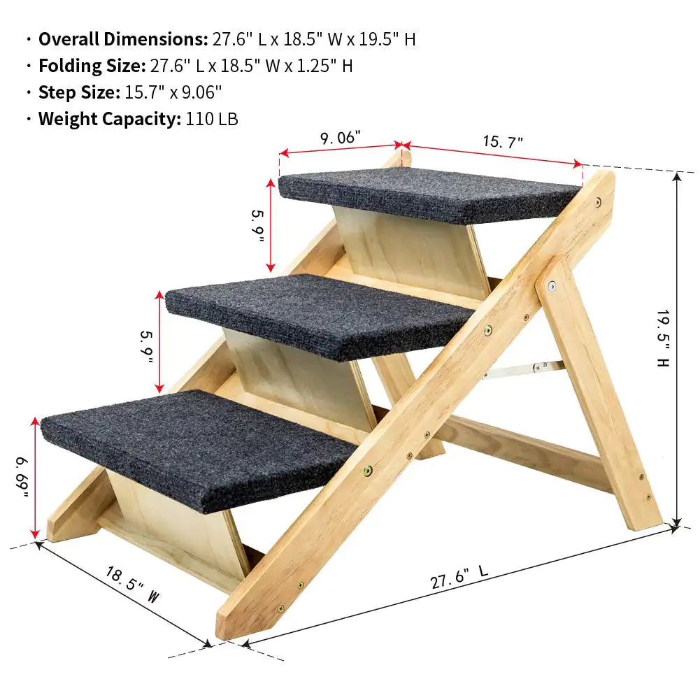 Foldable 3-Level Wooden Pet Stairs & Ramp