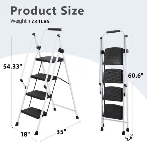 White Four-Step Ladder with Safety Handle and Anti-Skid Pedals