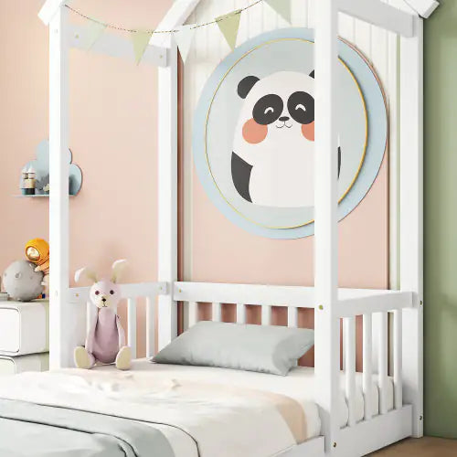 Twin House-Shaped Roof Headboard Floor Bed
