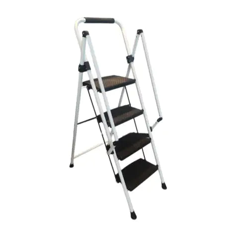 White Four-Step Ladder with Safety Handle and Anti-Skid Pedals