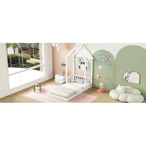 Twin House-Shaped Roof Headboard Floor Bed