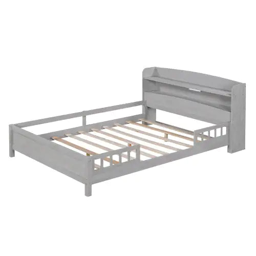 Wood Full-Size Platform Bed with Built-in LED Light, Storage Headboard, and Guardrail