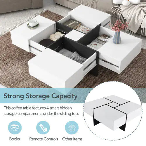 Mesa de centro de diseño único con 4 compartimentos de almacenamiento ocultos