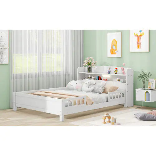 Wood Full Size Platform Bed with Built-in LED Light, Storage Headboard, and Guardrail