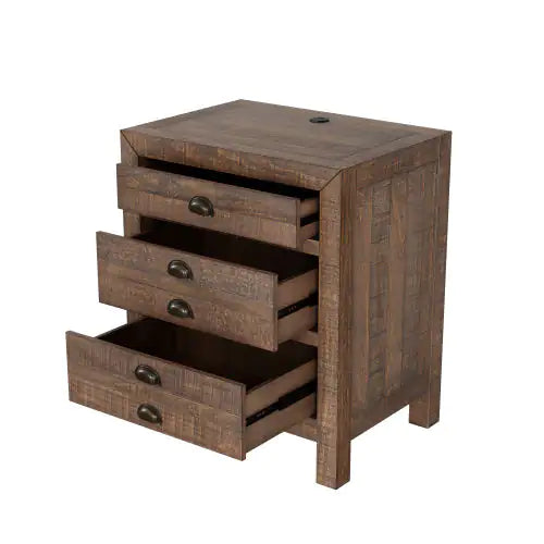 Rustic Farmhouse Style Three-Drawer Solid Pine Wood Nightstand