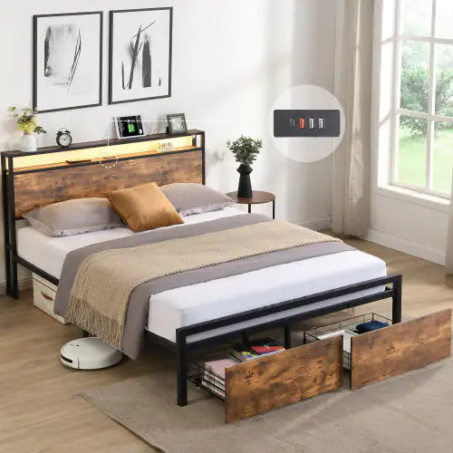 Struttura letto matrimoniale con testiera contenitore e 2 cassetti, letto con luci LED e stazione di ricarica