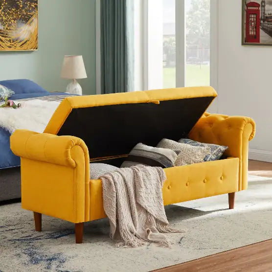 Yellow Linen Storage Ottoman