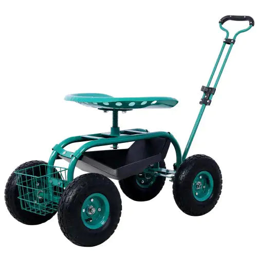 Scooter da giardino girevole con vassoio portautensili e ruote