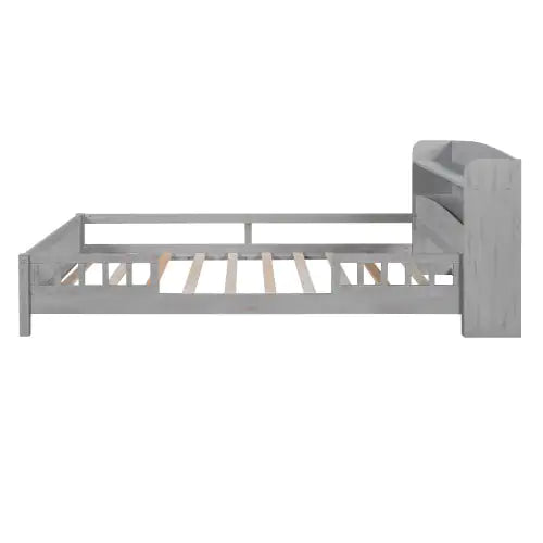 Wood Full-Size Platform Bed with Built-in LED Light, Storage Headboard, and Guardrail