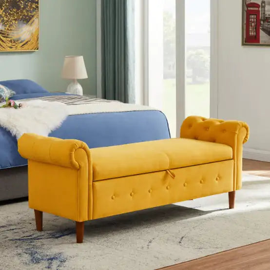 Yellow Linen Storage Ottoman