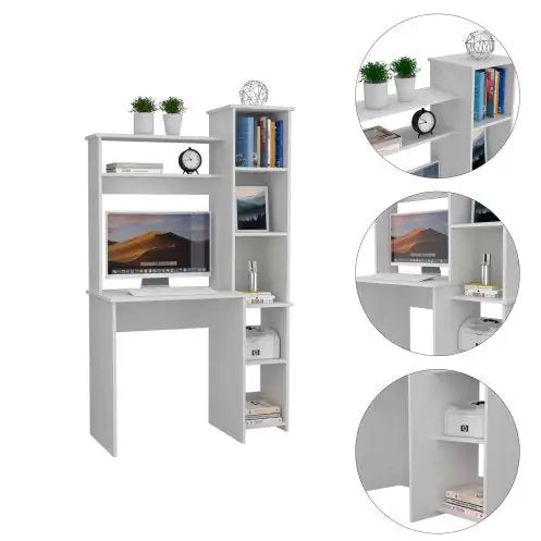 White 6-Shelf Writing Desk With Built-in Bookcase