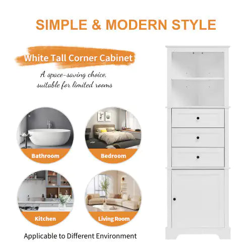 White Triangular Tall Cabinet with 3 Drawers & Adjustable Shelves
