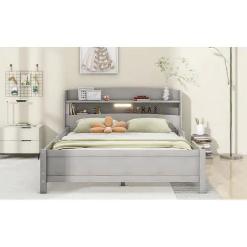 Wood Full-Size Platform Bed with Built-in LED Light, Storage Headboard, and Guardrail