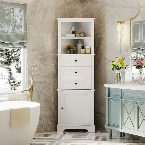 White Triangular Tall Cabinet with 3 Drawers & Adjustable Shelves