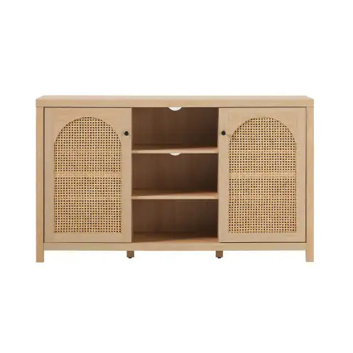 Aparador de transición de 58" con dos puertas y paneles de ratán arqueados