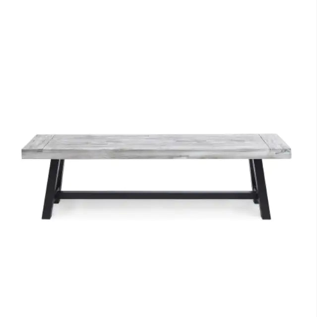 Light Grey Sandblast Finish Acacia Wood Dining Bench With Black Rustic Metal Finish Frame