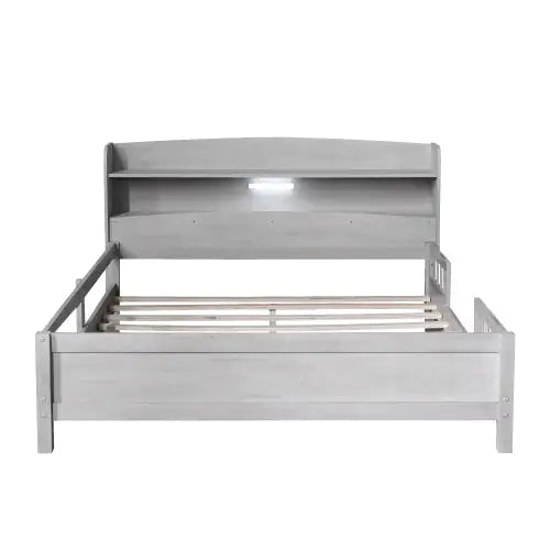 Wood Full-Size Platform Bed with Built-in LED Light, Storage Headboard, and Guardrail