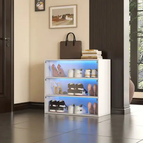 Mobiletto portascarpe in vetro bianco con luce LED RGB