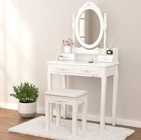 Vanity Table Set with 4 Drawers, Makeup Dressing Table with Cushioned Stool