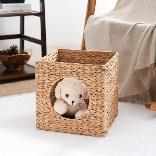 Water Hyacinth Woven Wicker Square Cat Bed Cave