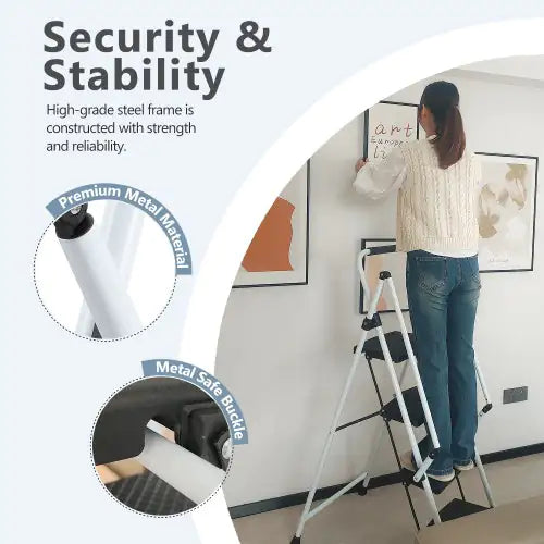 White Four-Step Ladder with Safety Handle and Anti-Skid Pedals
