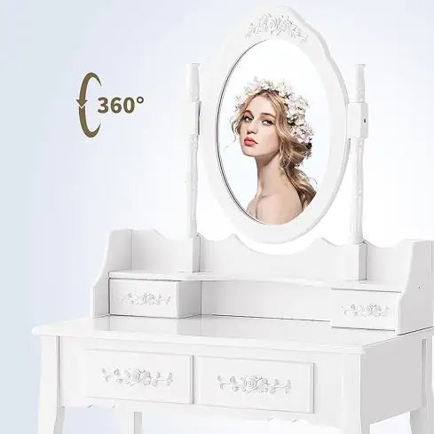 Vanity Table Set with 4 Drawers, Makeup Dressing Table with Cushioned Stool